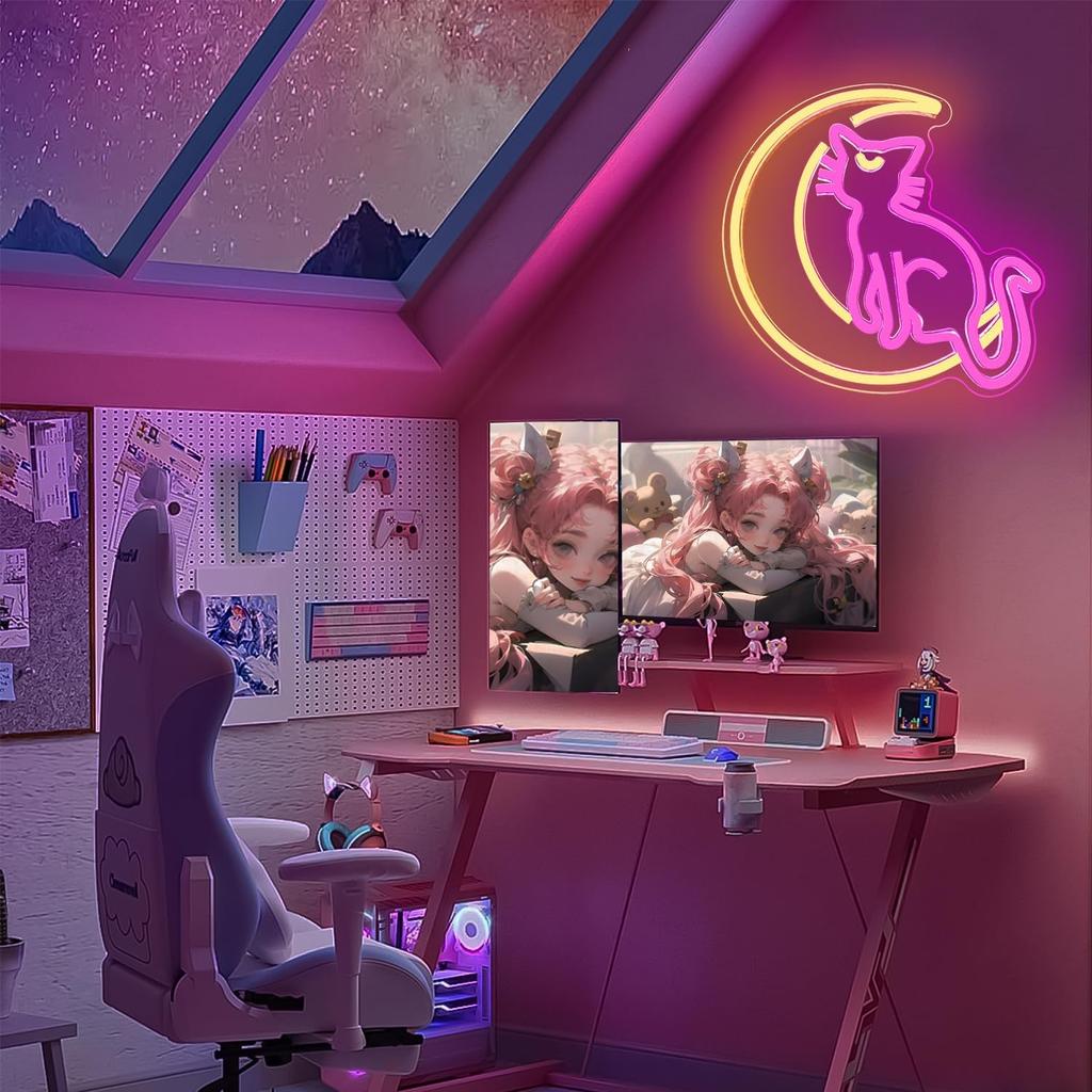 Japanese Anime Cat Neon Signs Dimmable Cartoon Luna Neon Lights Moon Cat Neon Light Sign Cute Led Signs for Bedroom Wall Girls Room Dorm Birthday