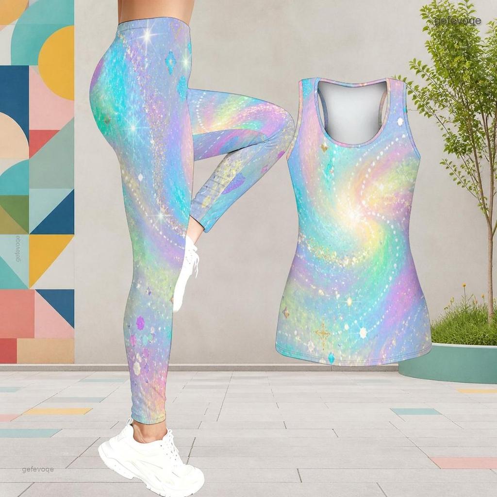 Women Plus Size Black Blue Purple Two Piece Set Scoop Neck Sleeveless Printed Longline Tank Top Fitted Leggings