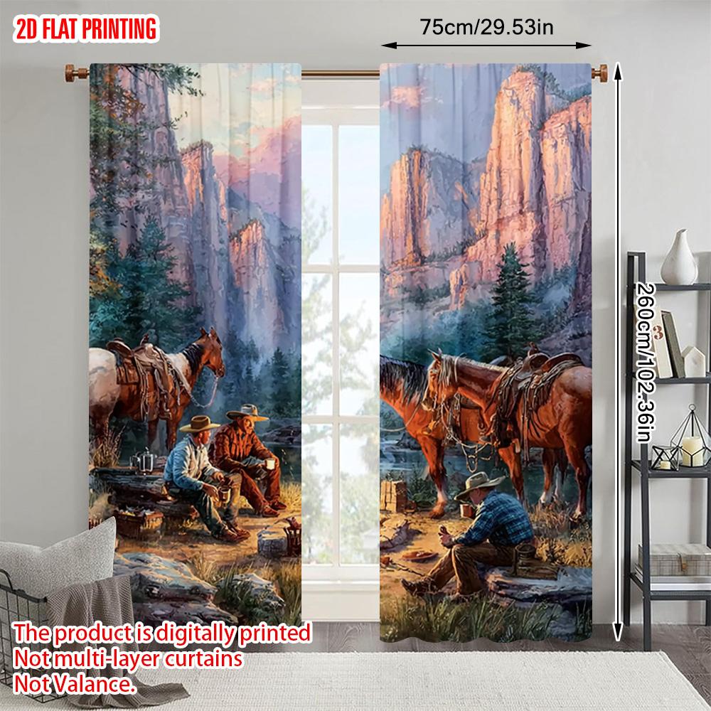2pcs   plane printing Curtains Digital Printed Cowboy and Horse Polyester Easy Install (without rod) Art Deco Festive Use for