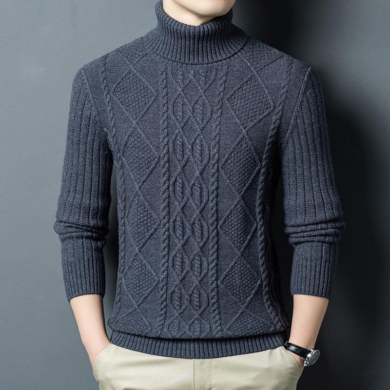 2025 Winter Korean Style Men's High-Neck Jacquard Sweater - Casual Knit Base Layer for Middle-Aged & Young