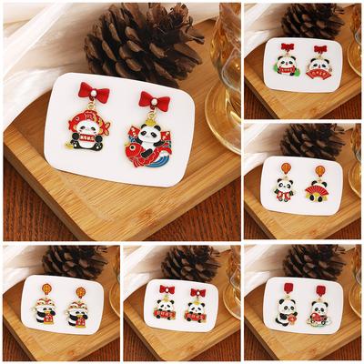 New Year'S Cute Panda Fu Character Pendant Earrings, Light Luxury Guochao Chinese Style Red Oil Dripping Koi Earrings