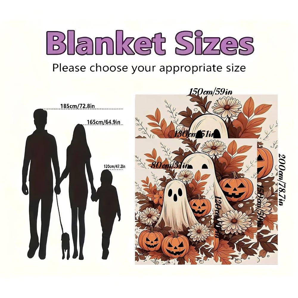 Halloween Ghost and Pumpkins Illustration PrintBlanket Flannel Throw Blanket for Sofa, Bed, Travel, Camping, Office, Couch, Chair