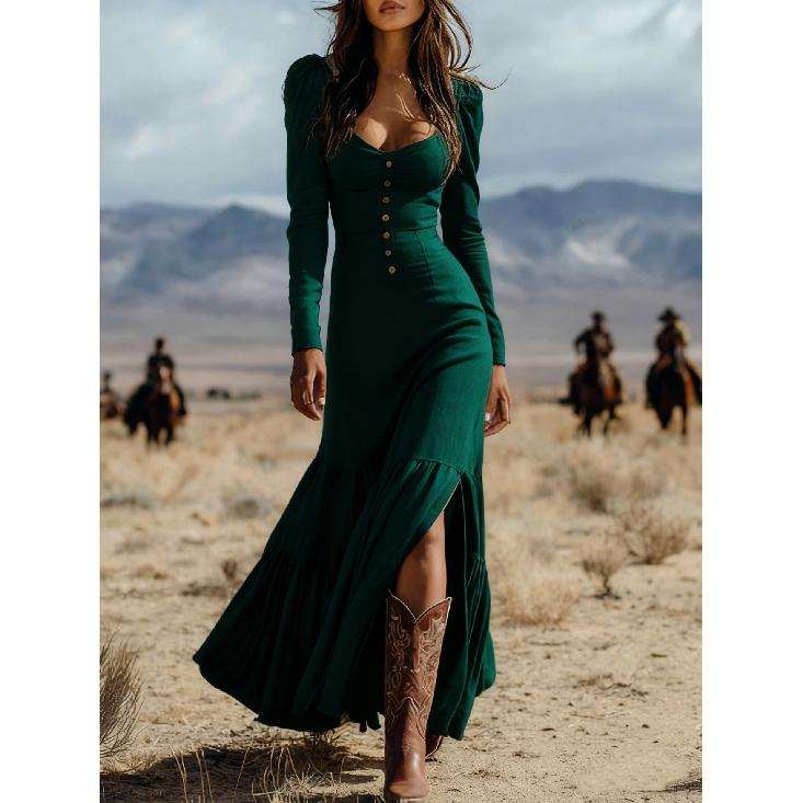 2026 New Women's Vintage Western Style Long Dress with Buttons, Ruched Long Sleeves, Sexy Dress