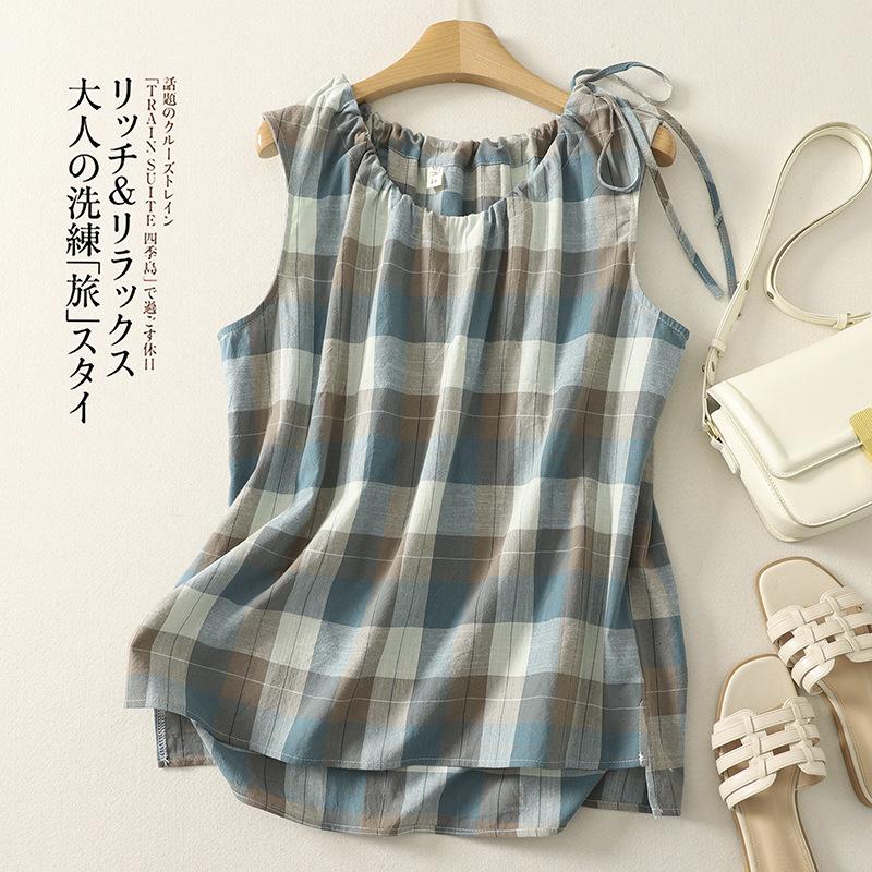 Women S Retro Loose Plaid Sleeveless Shirt With Tie Straps M синий