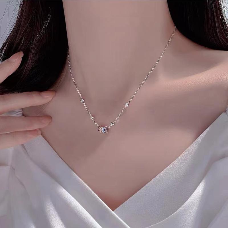 New 925 Sterling Silver Girls Handmade Round Colored Circled Choker Zircon Stone Necklace Simple Shaped Pendant Women's Wedding