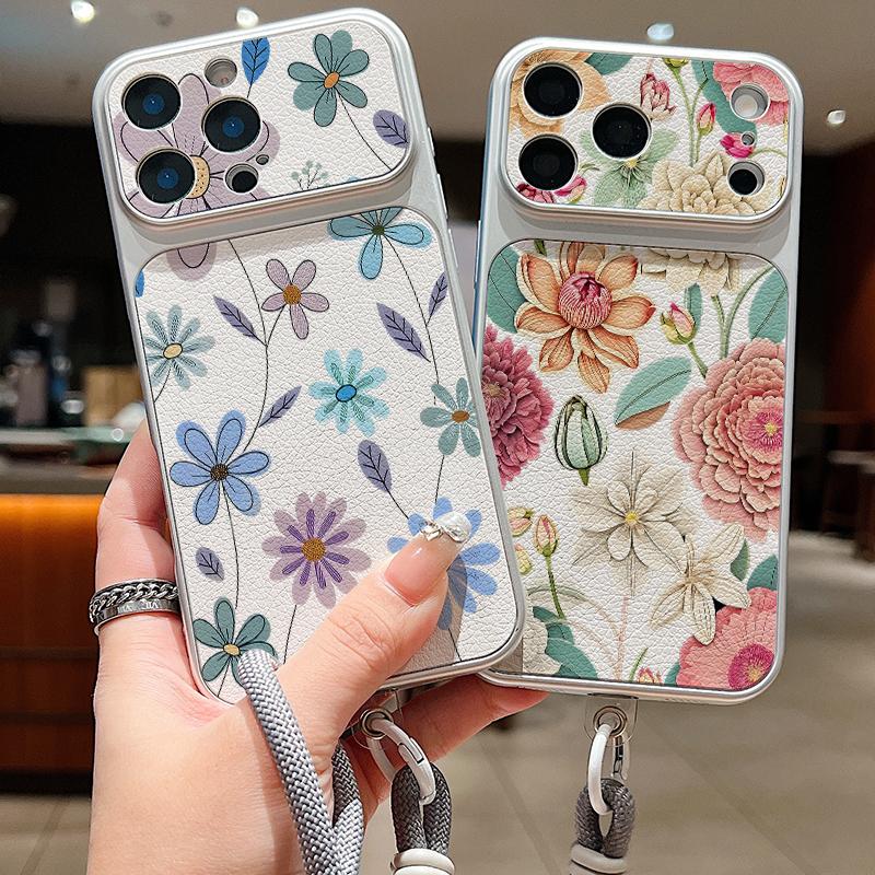 Watercolor Flowers Print Leather Lanyard Case For iPhone 18 Pro Max Hybrid TPU+PU Anti-skid Soft Cover For iPhone 17 16 15 14 13 Pro Max