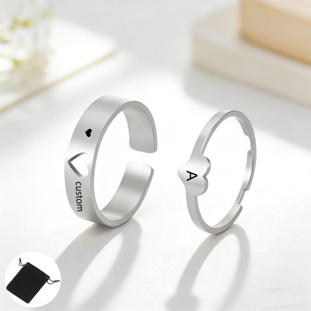 Customized Name Letter Heart Shaped Couple Ring Stainless Steel Simple Love Open Adjustable Ring Fashion Couple Gift