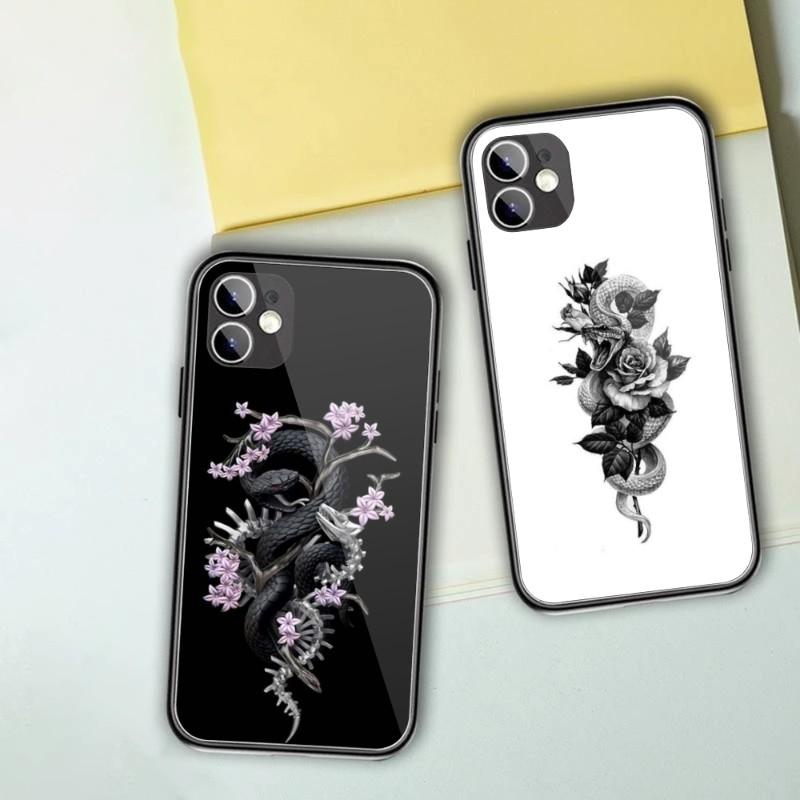 Snake And Flower Phone Case For IPhone 14 13 12 11 XS X 8 7 6 Plus Mini Pro Max SE 2022 Black PC TPU Glass Phone Cover