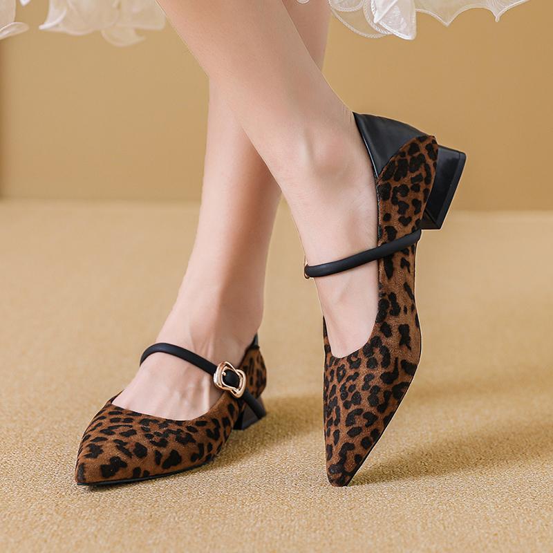 Leopard Women Mary Jane Shoes Pointed Toe Heeled Shoes Woman Sandals 2025 Summer Sexy Dress Chunky Shoes Shallow Pumps De Mujer