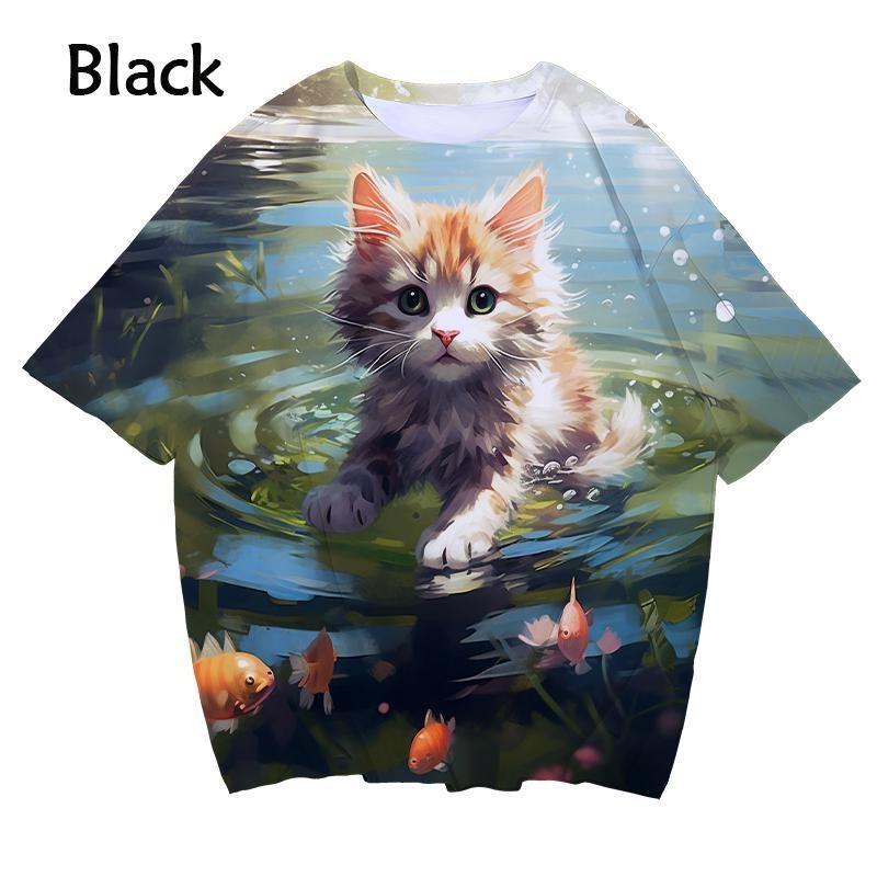 New 3D printed women's T-shirt with cute cat enthusiast pattern T-shirt casual round neck short sleeved large T-shirt top