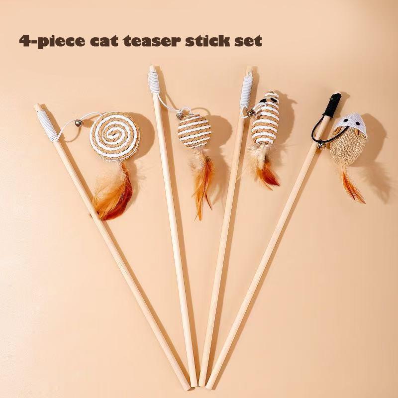 Cat Toys Linen Mouse Wooden Pole Cat Teasing Sticks Handheld Pole Wear Resistant Cats Relieve Boredom Pet Supplies Bite Resistan