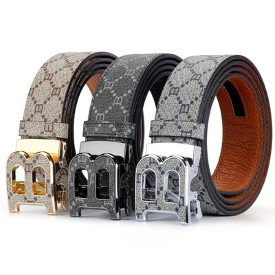 Korean Style Automatic Buckle Genuine Leather Belt for Men with Old Flower Pattern