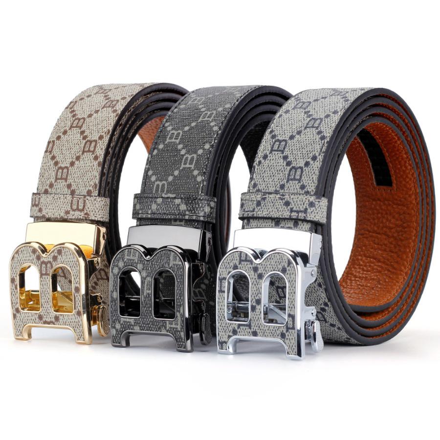 Korean Style Automatic Buckle Genuine Leather Belt for Men with Old Flower Pattern