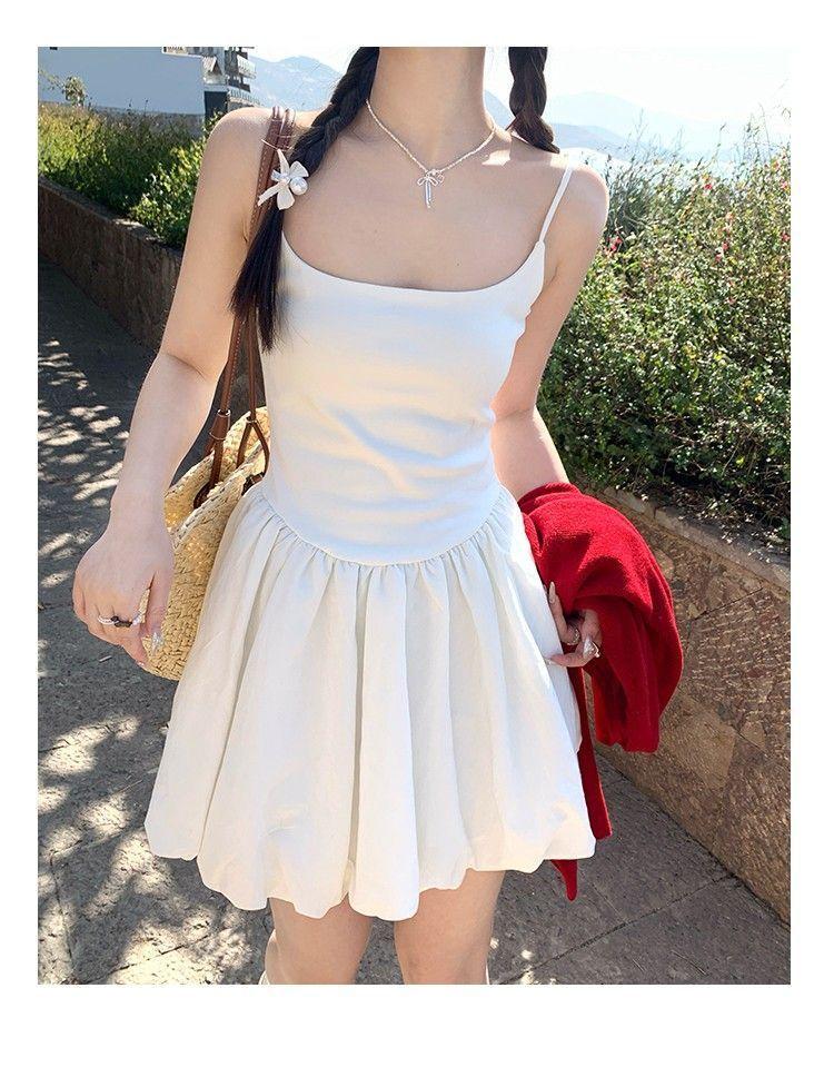 

Ballet style white suspender dress women s summer French small man waist a-shaped bud skirt fluffy short skirt S