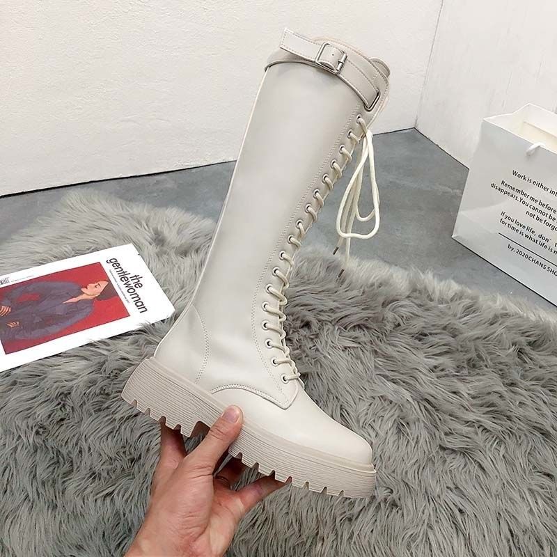 Fashion Women Knee High Boots 2024 Thicken Winter Square Heel Lace Up Platform Shoes Woman Knight Long Boots Black White Botas De Mujer