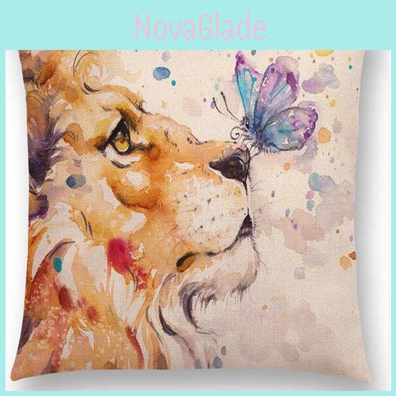 Premium Quality Watercolor Lion Flowers Butterfly Lane Bird Wren Cushion Cover For Versatile Use