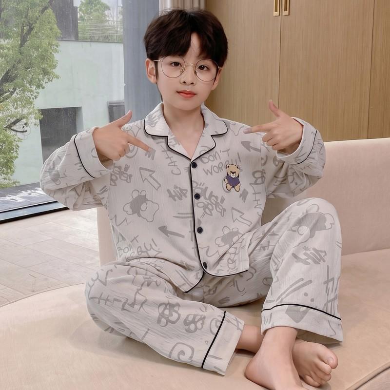 Boys Cotton Pajama Set Long Sleeve Hoodie Sleepwear Kids Teens 2026 Soft Cloud Home Wear