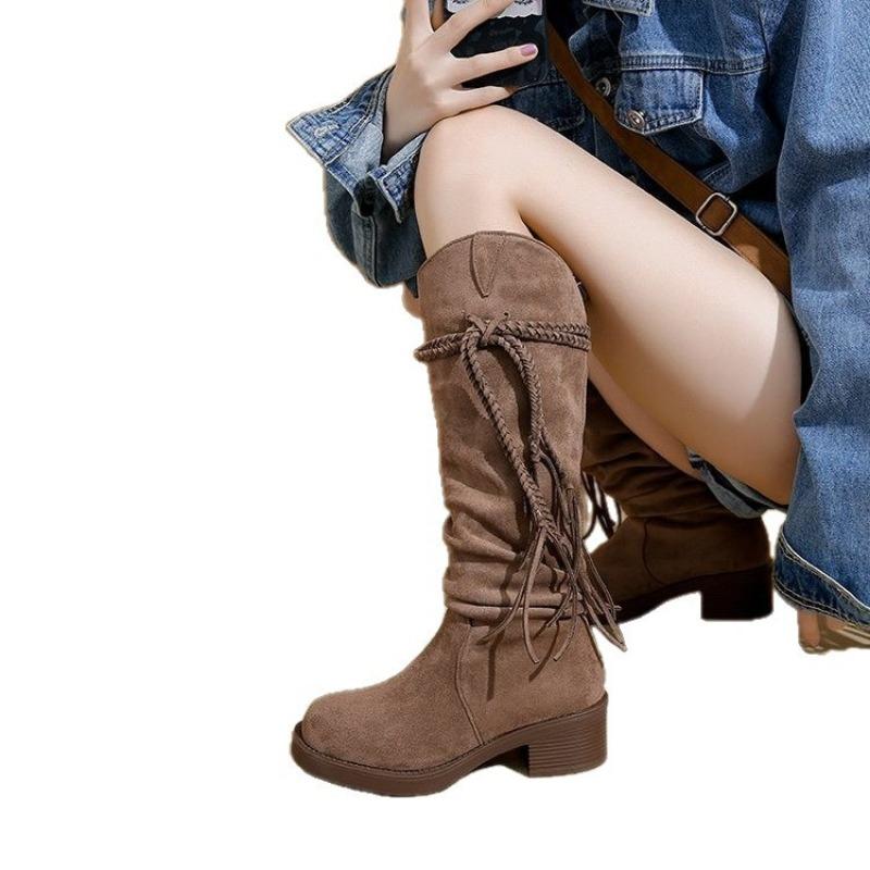 Cowhide Version~ Retro Wasteland Fringed Knight Boots Thick Heel But Knee Long Boots Slim Pile Medium Boots Women