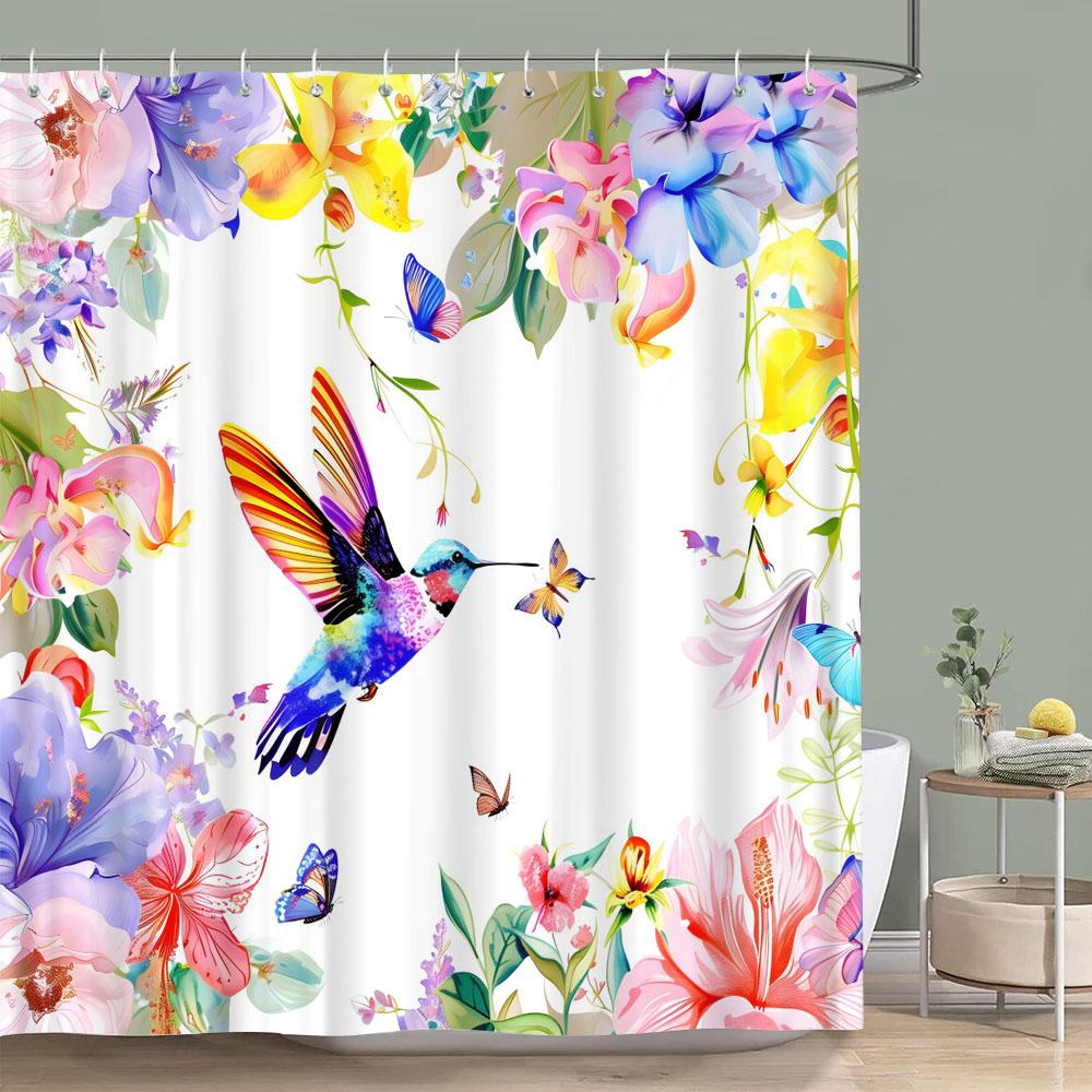Bird Flower Shower Curtain Dahlia Eucalyptus Leaves Greenery Colourful Printed Polyester Waterproof Bath Curtains Bathroom Decor
