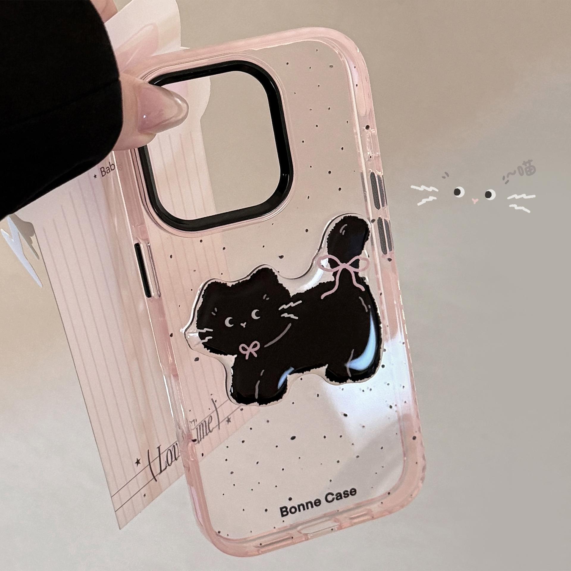 

Black Pink Cartoon Suitable for IPhone 15 Apple 16pro Mobile Phone Case Max Three Dimensional Cat 1311 Sweet Cool 14 12pro max (6.7)