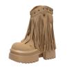 Fashion Women Tassels High Heels 9CM Thick Platform Short Boots Leather Chunky Shoes Woman Autumn Winter Platform Motorcycle Boots Botas