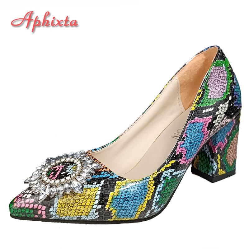 Fashion Aphixta 2025 Snake Prints 7cm Square Heels Pumps Women Shoes Crystal Pearl Sunflower Buckle Party Leisure Big Szie 35-46