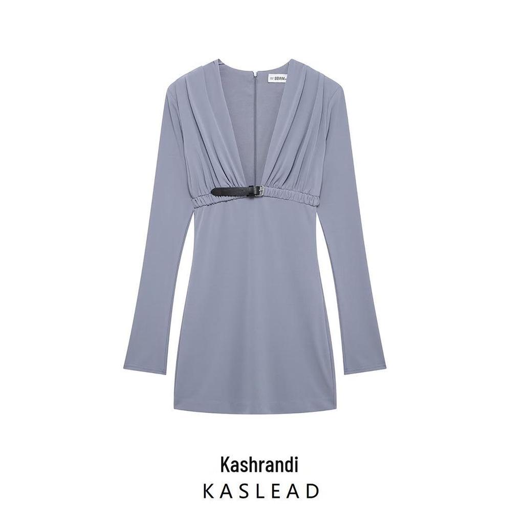 2024 Winter Women's European & American Style Belted Pleated Dress