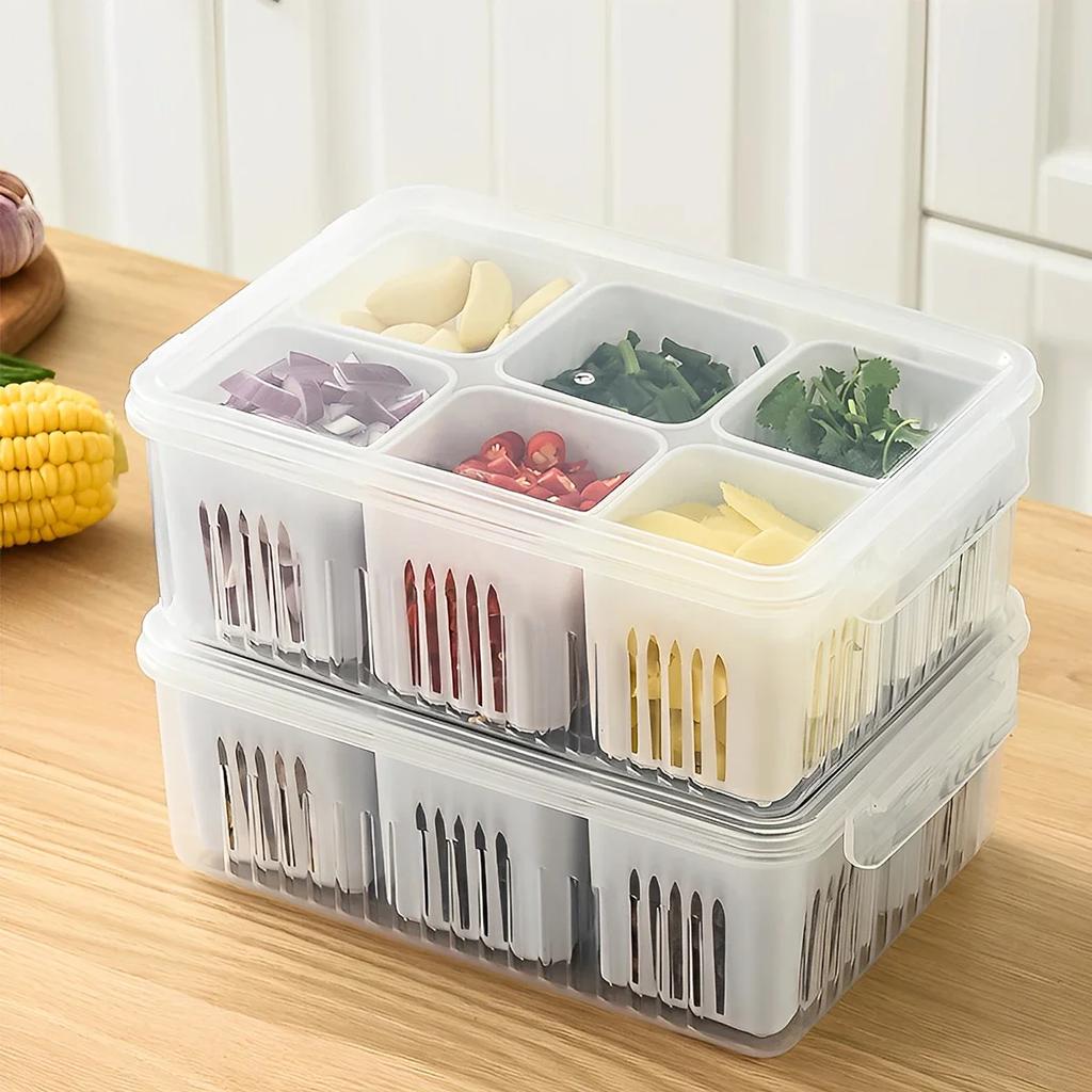 Scallion Preservation Box Plastic Fridge Fresh-Keeping Container with Lid and 6 Grids Draining Crisper Portable Divided Fruit