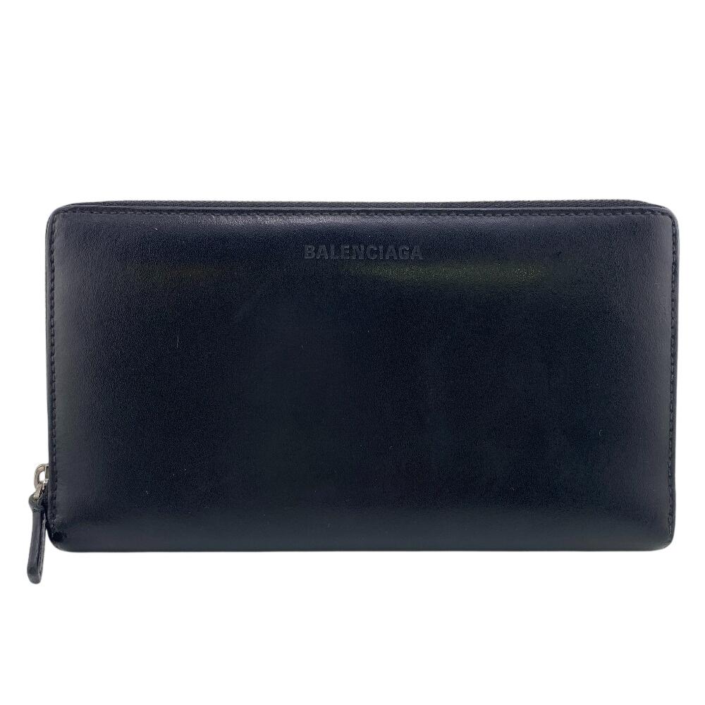 BALENCIAGA 664041 Zip Around embossed logo Essential leather Continental wallet Purse black leather unisex Used