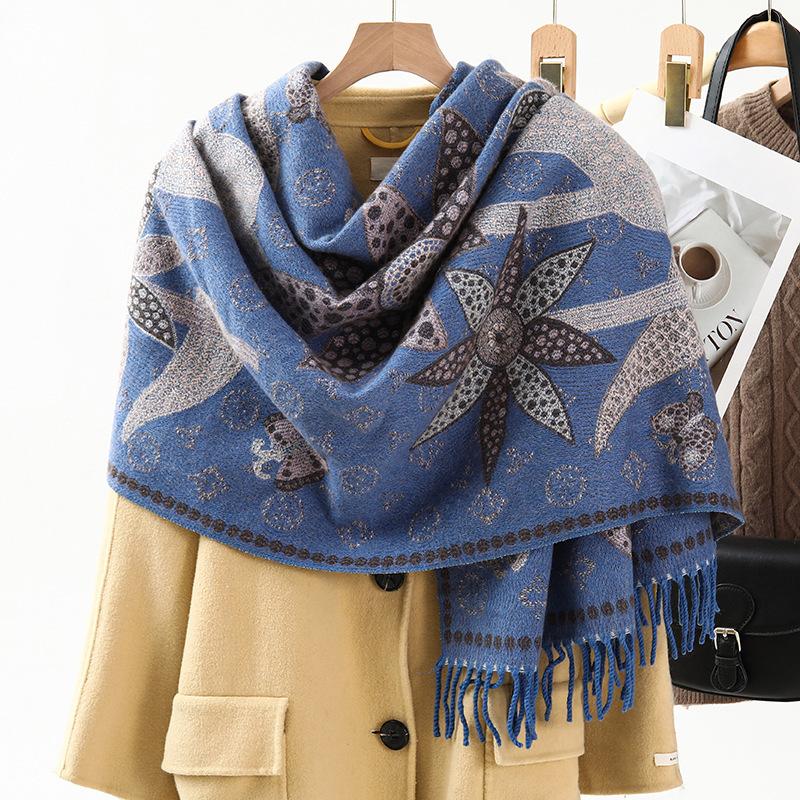 Jacquard Scarf Shawl with Decorative Imitation Cashmere Scarf for Women Winter High End New Style Thickened Ethnic Style Shawl