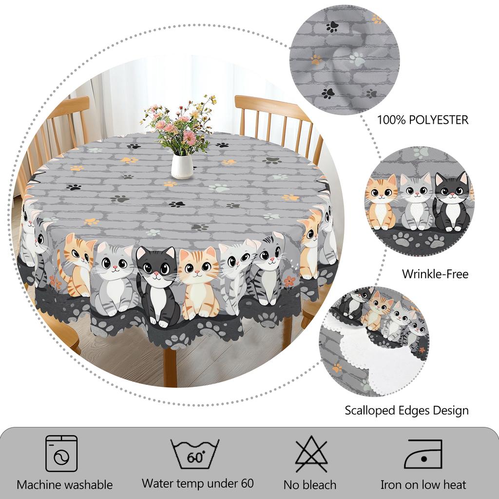 1 Stuk Grijze Retro Schattige Kattenprint Rechthoekig Tafelkleed, Lente Kat, Kattenpoot, Steenpatroon Rond Tafelkleed, Feestdecoratie, Huis Keukentafel