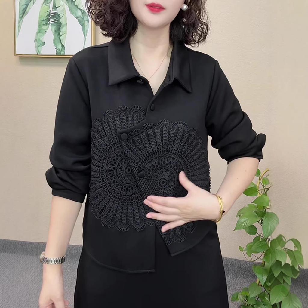 Women's Purple Lapel Embroidered Long Sleeve Shirt - Early Autumn 2026 Design, Slimming Fit