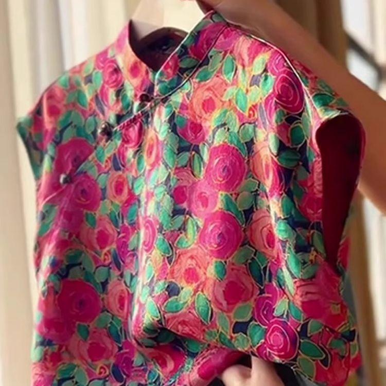 2025 Printed Short Sleeve Top Versatile Temperament Summer Shirt Sleeveless