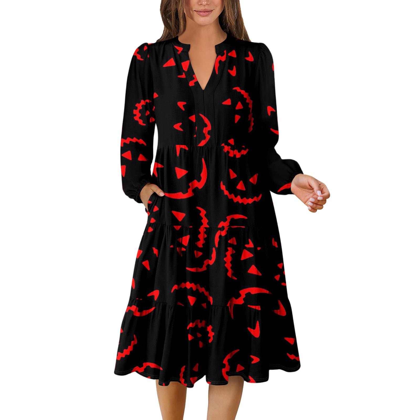 

Women s V-Neck Flowing Layered Bohemian Long Sleeve Halloween Print Dress XL винний