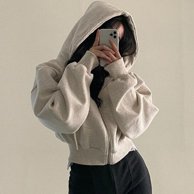 Lazy wind loose hooded sweater women's 2024 autumn and winter fleece thickened short zipper long-sleeved jacket
