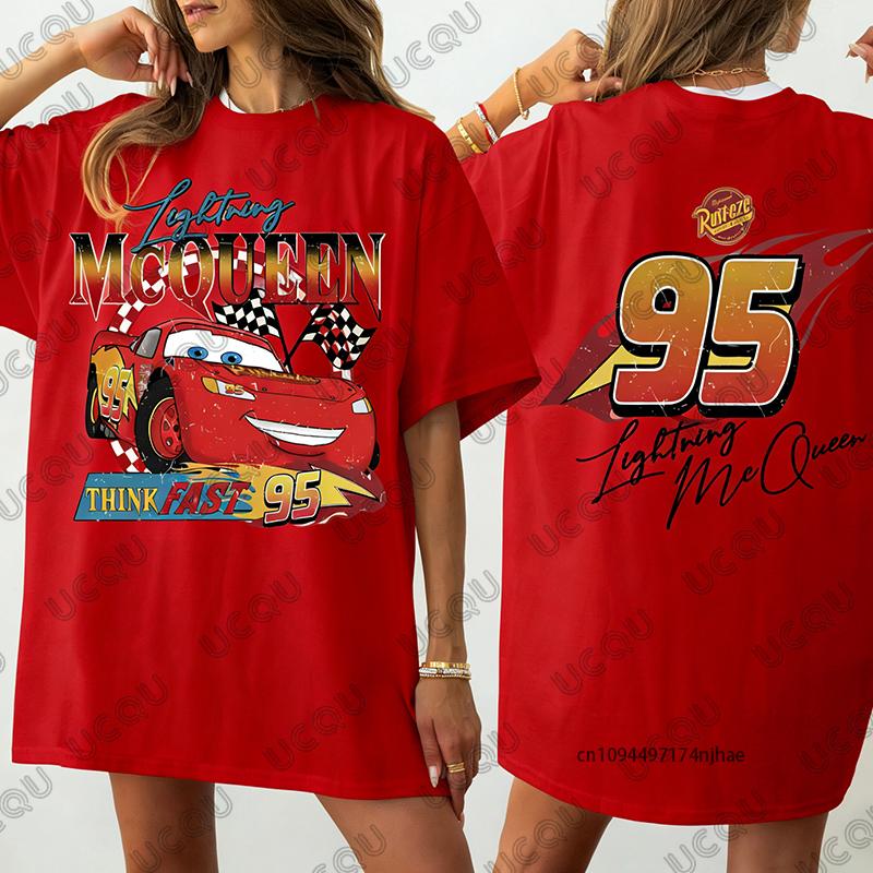 T-shirt in Cotone con Stampa di Auto d'Epoca e Saetta McQueen per Donna, Manica Corta Estiva, Magliette Casual Oversize, Top per Coppie