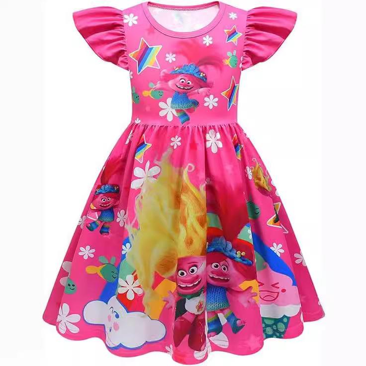 

Платье тролля для девочки, платье с рукавами-крылышками, платье с мультяшным принтом, персонаж мультфильма, модное, милое повседневное платье 120 розовый