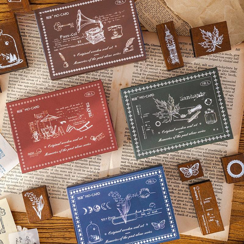 7pcs Wooden Seal Set Clear Carved Three-dimensional Pattern Calligraphy Painting Art DIY Handbook Decoration Personalized Gifts