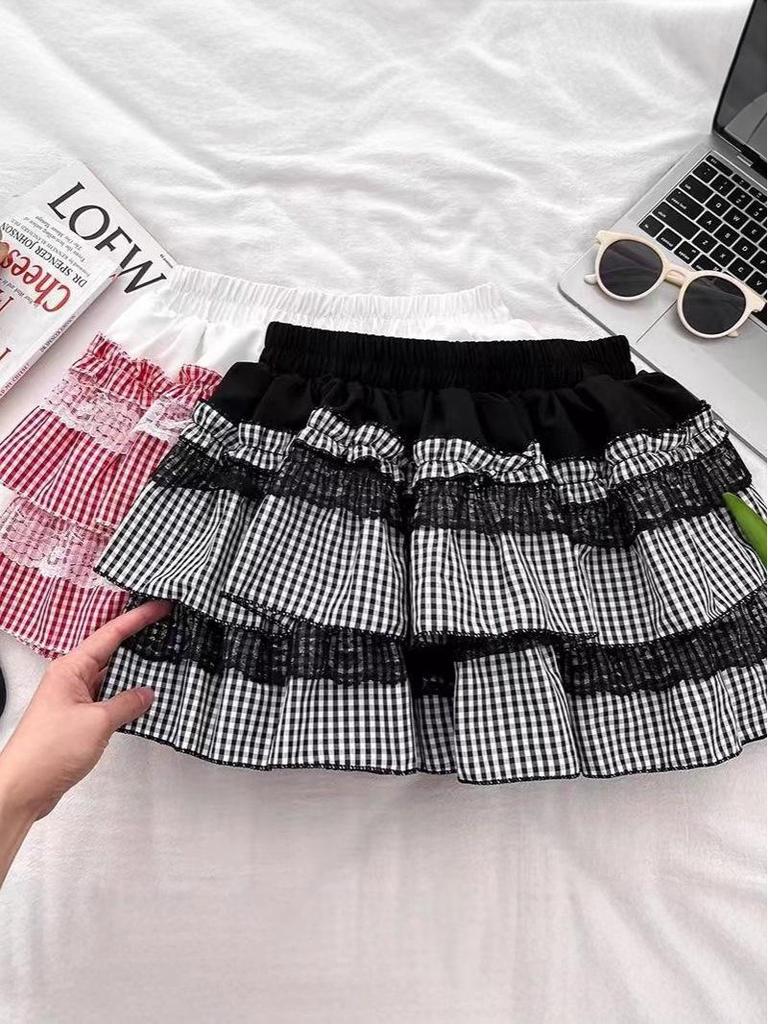 Petite Lace Patchwork Plaid Puff A-line Mini Skirt for Spring/Summer