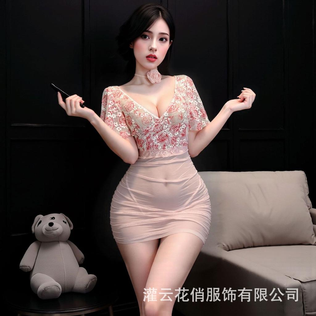 Sexy lingerie perspective deep V floral rose gauze hip skirt uniform suit flirting lingerie women
