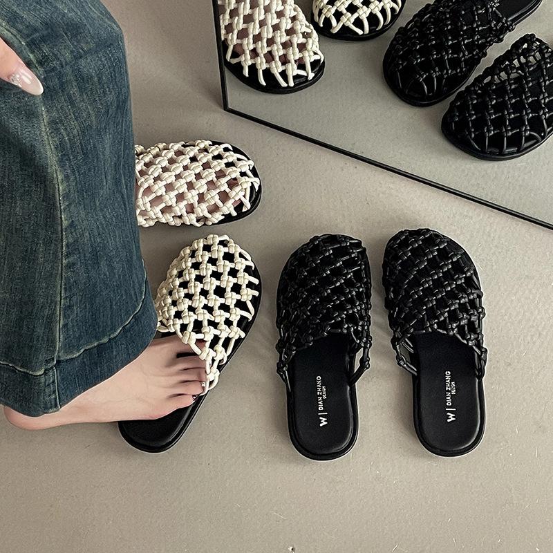 French Retro Simple Flat-bottomed Sandals Woven Hollow Bag Head Half Slippers Women's Summer Versatile Outer Wear Beach Slippers