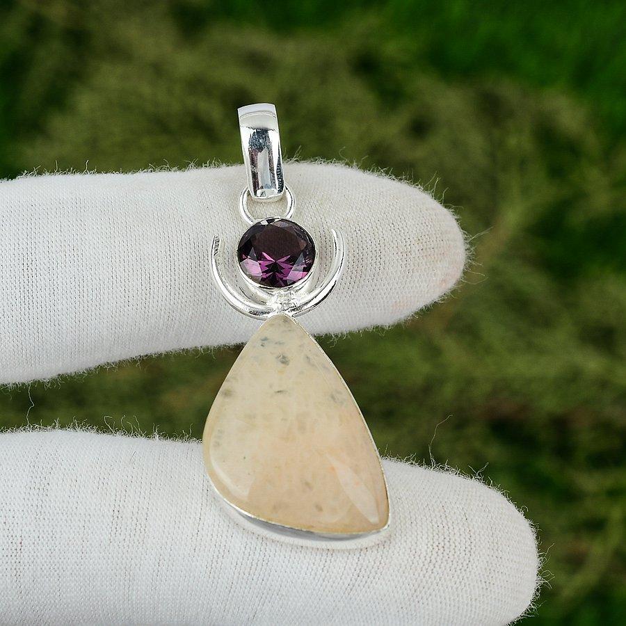 

Предложение ко Дню Дружбы Сколецит Драгоценный камень Аметист Безель Подвеска Ювелирное изделие 925 Серебро