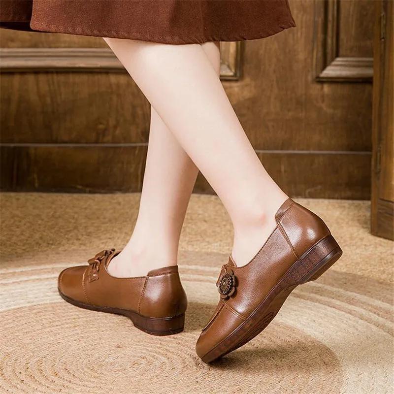 Fashion 2024 Woman Casual Round Toe Low Heeled Shoes Genuine Leather Flats Female Shoes Elegant Ballerina Soft Soled Flat Shoes