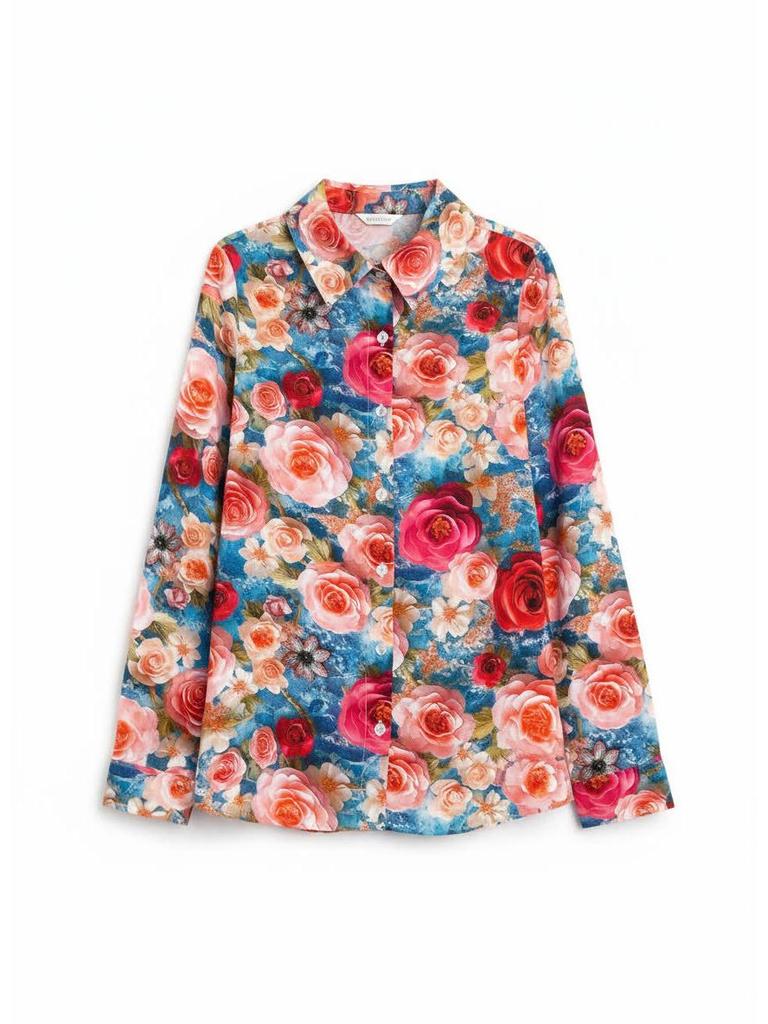 2026 Retro Floral 90s Hong Kong Style Women's Red Long Sleeve Shirt