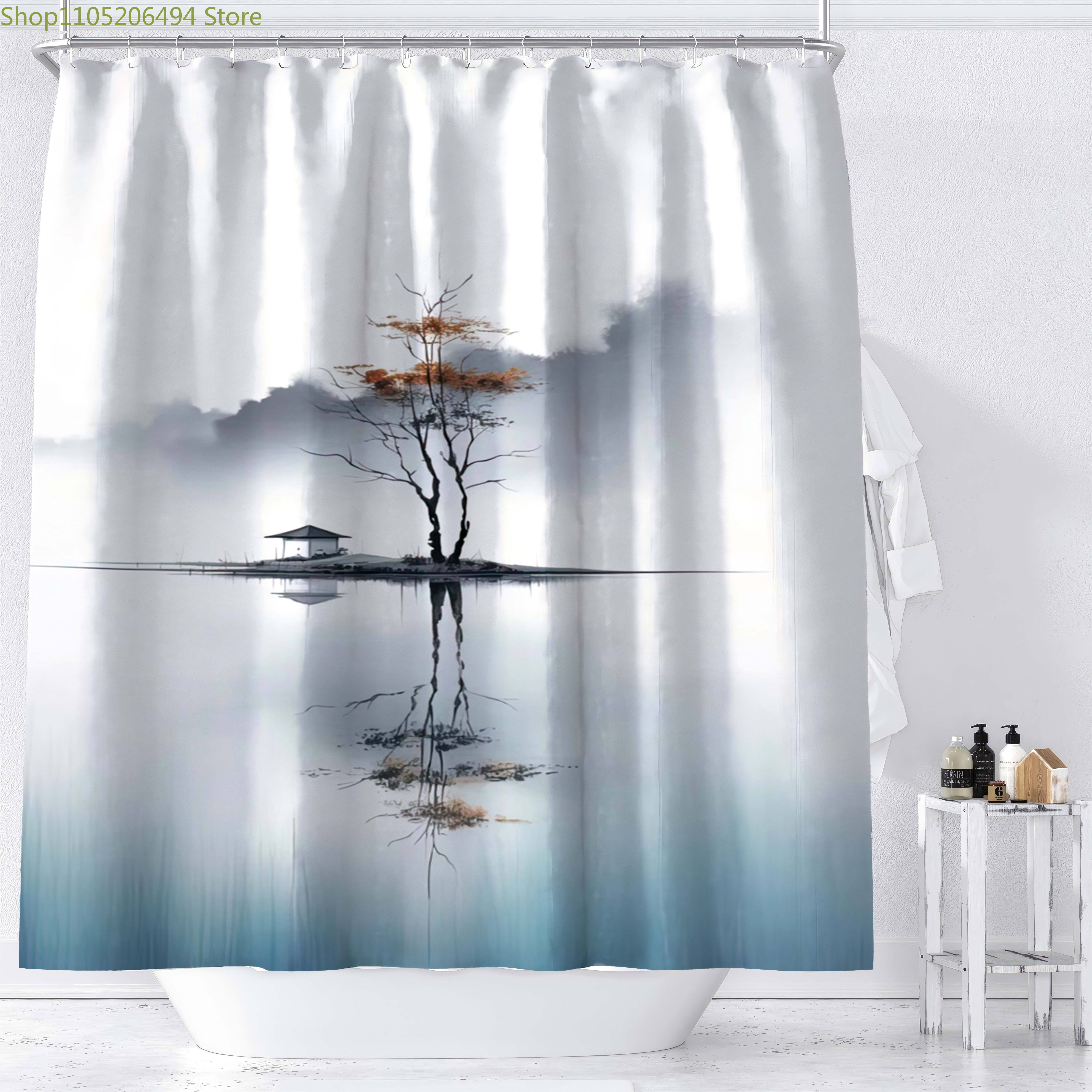 

1 шт. Винтажная Ботаническая Занавеска для Ванной с Деревом и Отражением - Элегантные Ветви Деревьев с Листвой, Полу-Занавеска для Душа Подходит для B 90x180cm
