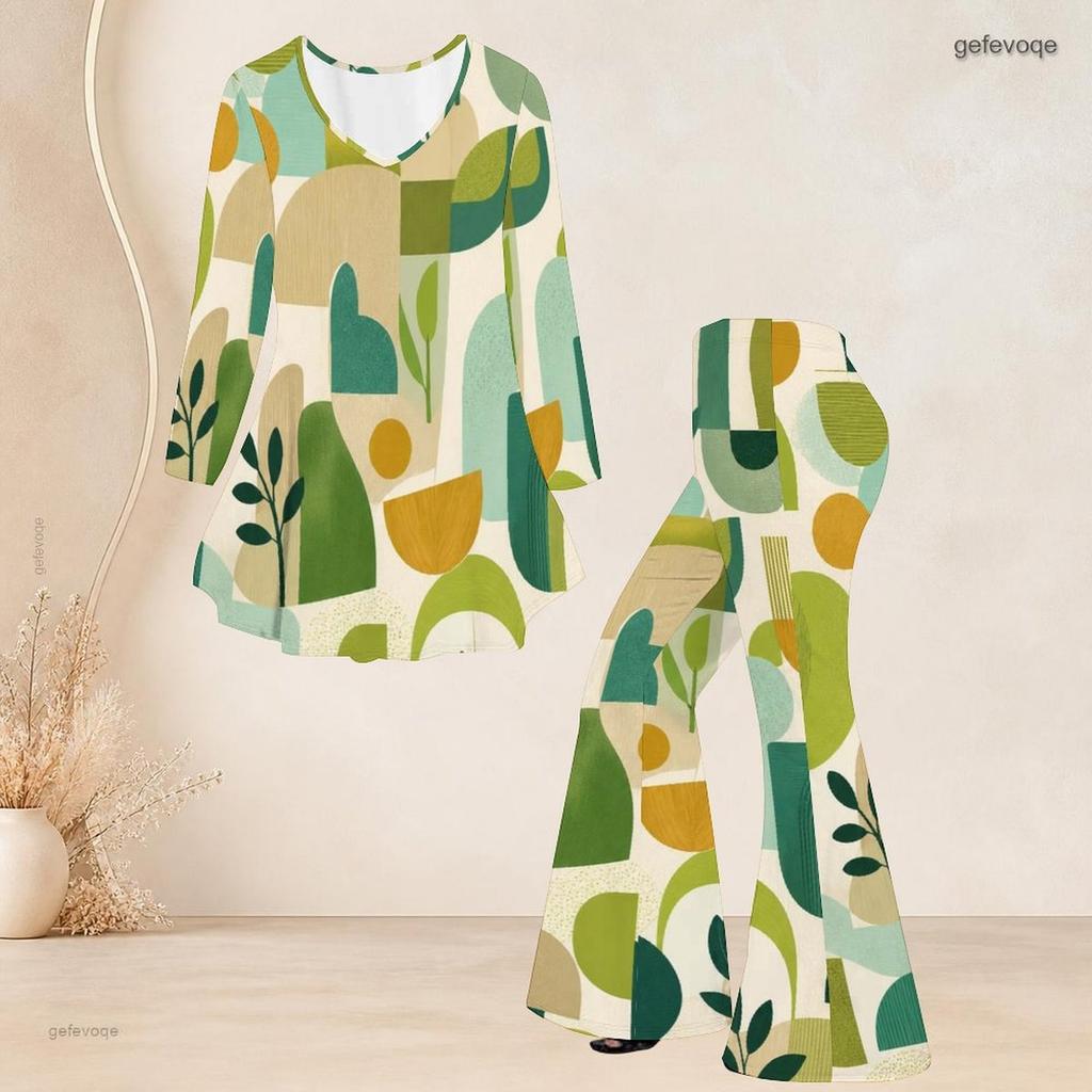 Women Plus Size Round Neck Three Quarter Sleeve Printed Flared Top And Flared Pants Two Piece Set