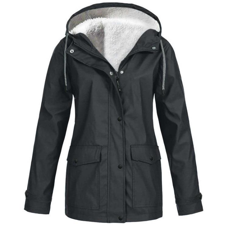 Warme Winddichte Damen Hardshell Jacke Herbst Winter Samt Kapuze Bergsteiger Mantel Einfarbig Mittellange Jacke