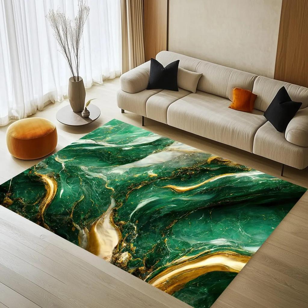 Black Gold Marble Area Rug – Greek Key Border Print Carpet  Soft Non-Slip Floor Mat for Living Room Bedroom Elegant Modern Decor