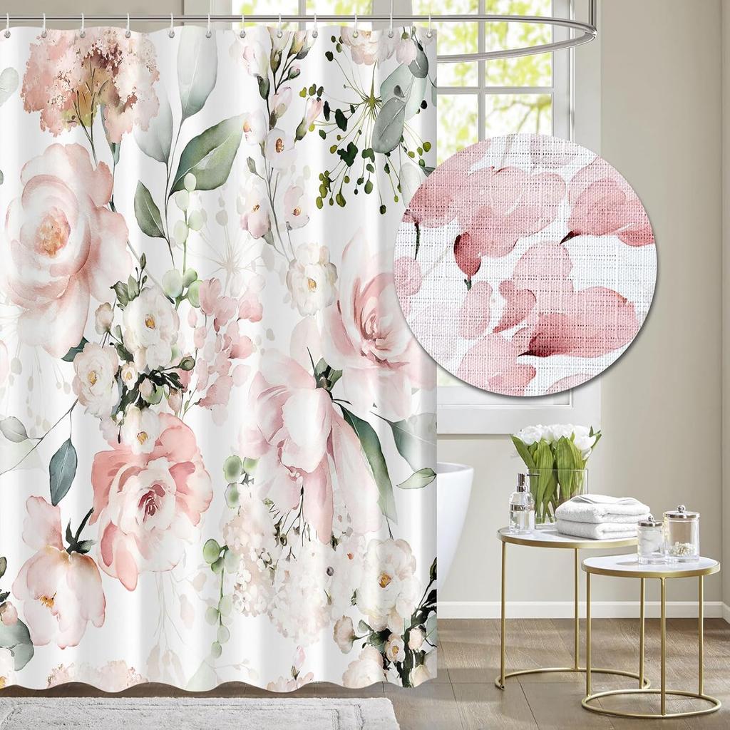 Shower curtain with blooming bright pink and white roses, watercolor leaves and floral bathroom decor with hooks