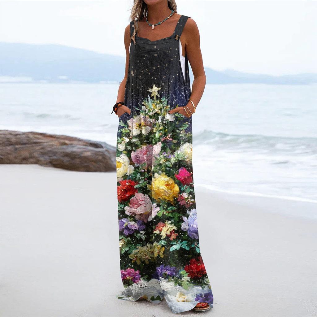 Women's Christmas Print Solid Wide Leg Strapless Tank Pocket Casual Onesie